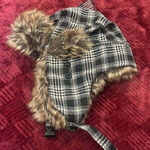Plaid Trapper Hat with Faux Fur